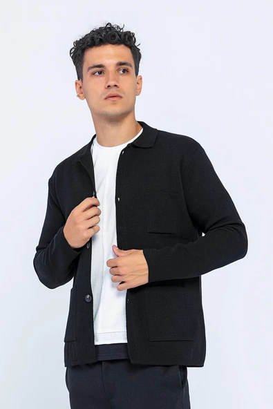 Erkek Klasik Yaka Çok Cepli Düğmeli Triko Rahat Spor Hırka - 3