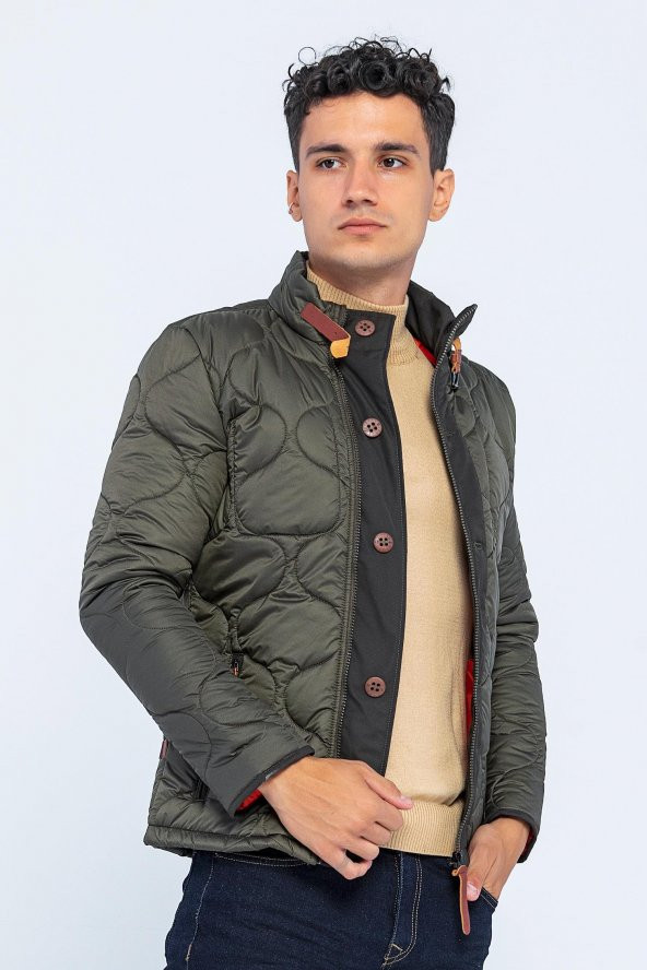 Erkek Dik Yaka Fermuarlı Düğmeli Kapütone Kışlık Şişme Kısa Mont - 4