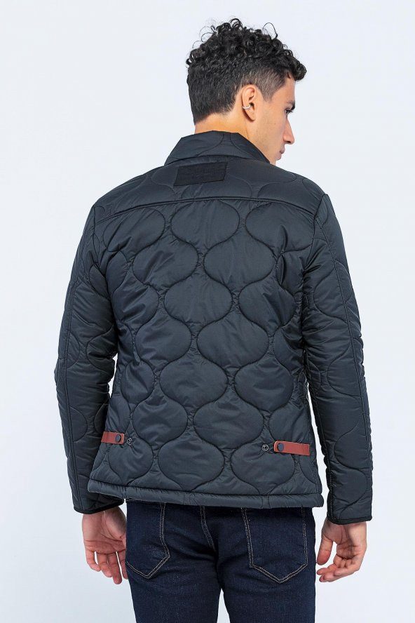 Erkek Dik Yaka Fermuarlı Düğmeli Kapütone Kışlık Şişme Kısa Mont - 6