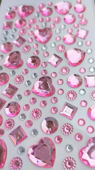 Taş Sticker Açık Pembe Kalpler Yapışkanlı Saç , Yüz Ve Tırnak Taşı Işıltılı Parlak - 2