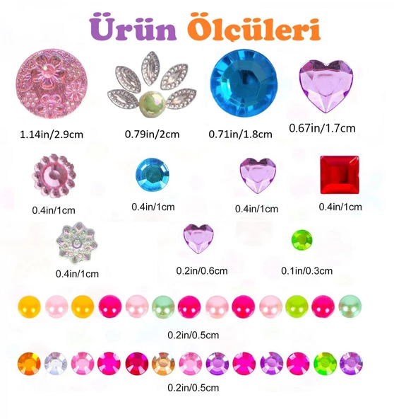 Taş Sticker Renkli Desenli Kalpler Yapışkanlı Saç , Yüz Ve Tırnak Taşı Işıltılı Parlak - 3