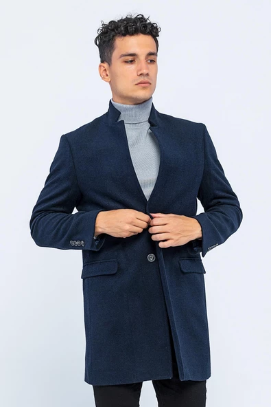 Erkek Dik Yaka Düğmeli Yünlü Uzun Klasik Kaşe Kaban - 8