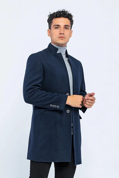 Erkek Dik Yaka Düğmeli Yünlü Uzun Klasik Kaşe Kaban - 6