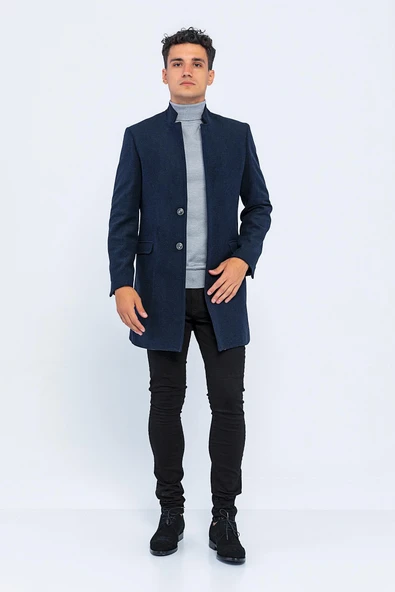 Erkek Dik Yaka Düğmeli Yünlü Uzun Klasik Kaşe Kaban - 11