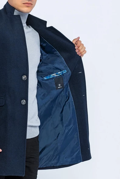 Erkek Dik Yaka Düğmeli Yünlü Uzun Klasik Kaşe Kaban - 9