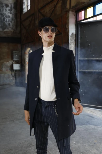 Erkek Dik Yaka Düğmeli Yünlü Uzun Klasik Kaşe Kaban - 2