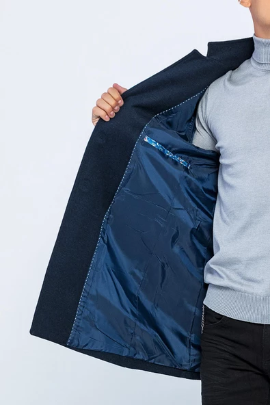 Erkek Dik Yaka Düğmeli Yünlü Uzun Klasik Kaşe Kaban - 10