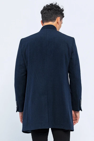 Erkek Dik Yaka Düğmeli Yünlü Uzun Klasik Kaşe Kaban - 12