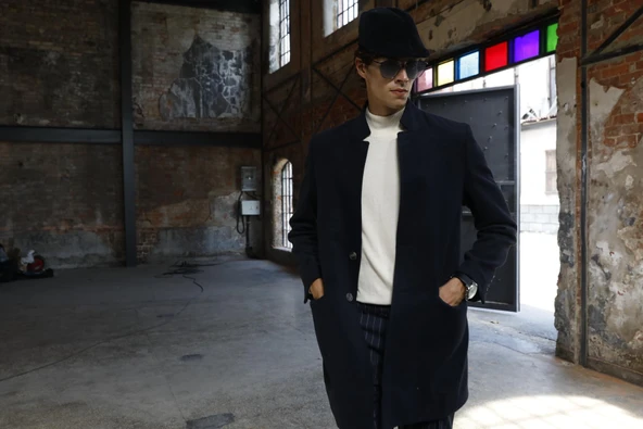 Erkek Dik Yaka Düğmeli Yünlü Uzun Klasik Kaşe Kaban - 5