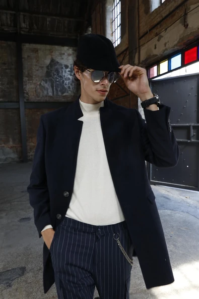 Erkek Dik Yaka Düğmeli Yünlü Uzun Klasik Kaşe Kaban - 4