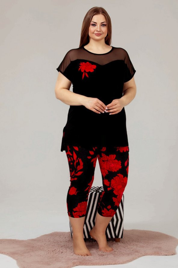 Siyah Renk ve Çiçek Desenli Lady 10614 Kadın Büyük Beden Kapri Pijama Takımı