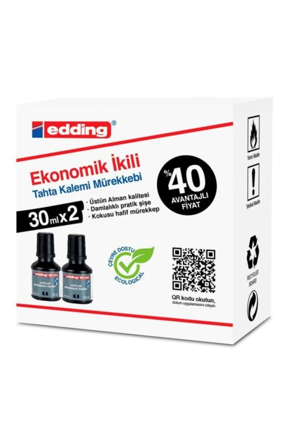 Edding Tahta Kalem Mürekkebi Damlalıklı 30 ML Siyah 2 Li Beyaz Tahta Kalem Mürekkebi - 2