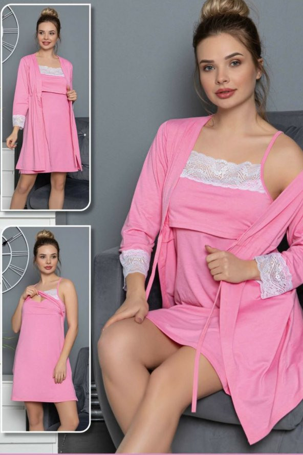 2li Pembe Renk Lohusa Gecelik Takım JNK-46261 Sabahlıklı 2 li Hamile Geceliği