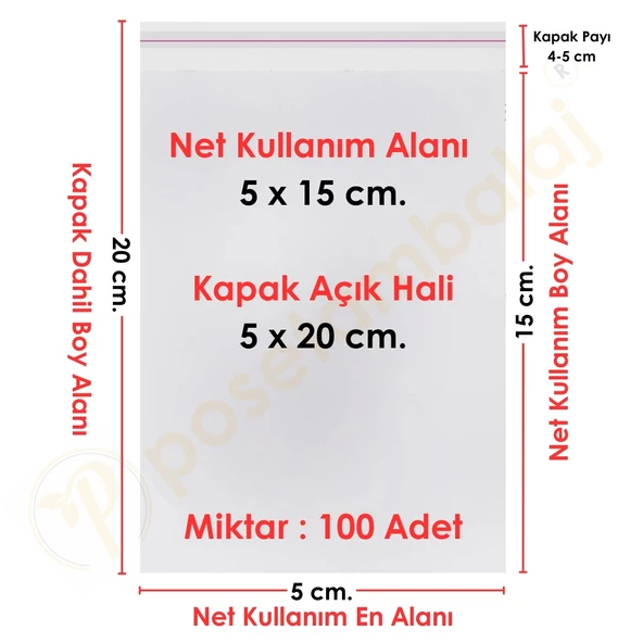 5x15+5 cm. (5x20) 100 Adet - Şeffaf Bantlı Yapışkanlı OPP Jelatin Poşet