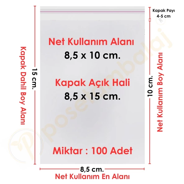 8,5x10+5 cm. (8,5x15) 100 Adet - Şeffaf Bantlı Yapışkanlı OPP Jelatin Poşet