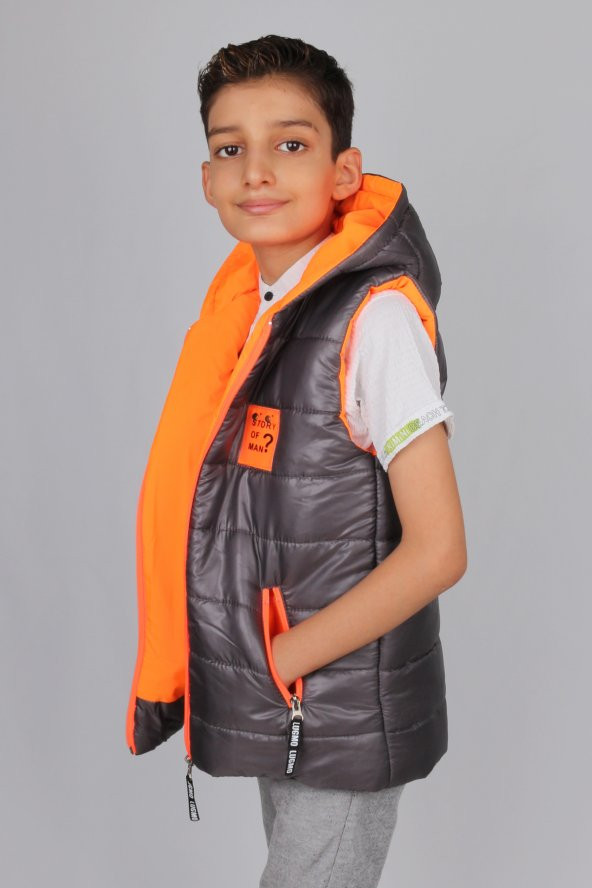 Erkek Çocuk Kapüşonlu Şişme Yelek Gri Turuncu - 2