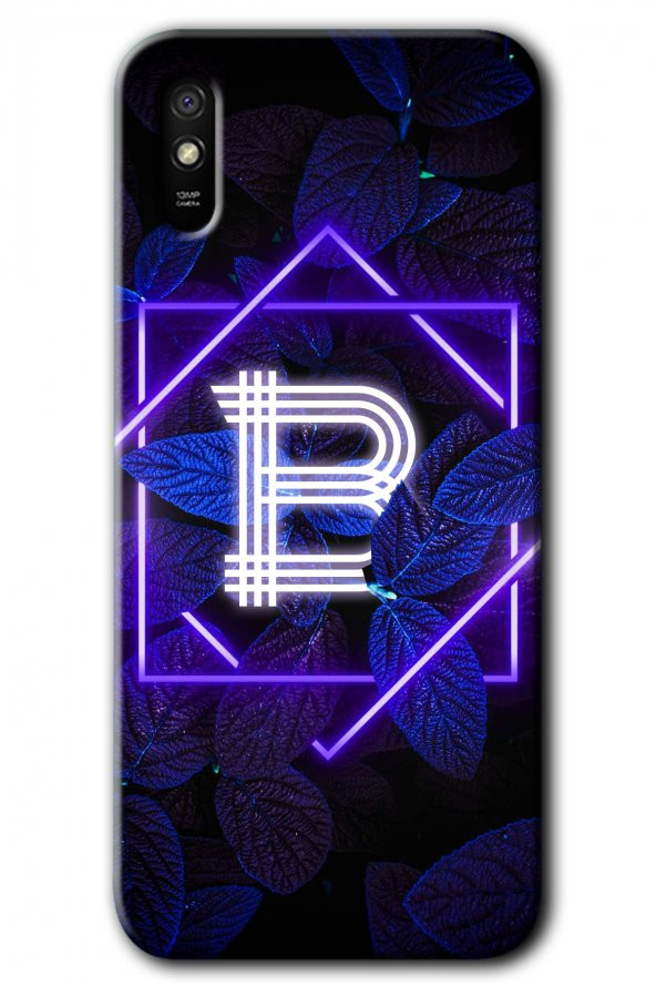 Redmi 9A Kılıf HD Desen Baskılı Arka Kapak - Dark Neon Yaprak B Harfi