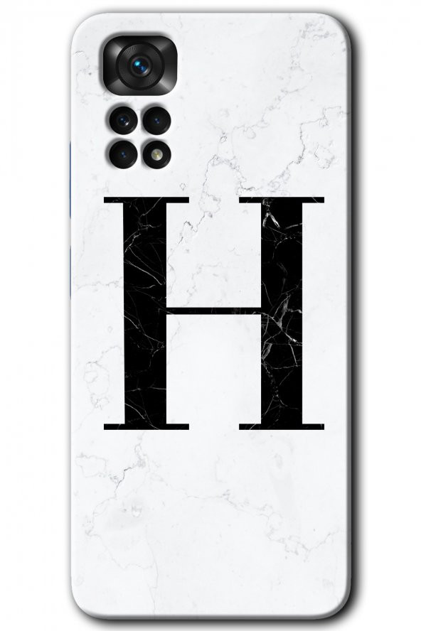 Redmi Note 11 5G Global Kılıf HD Desen Baskılı Arka Kapak - Beyaz Mermer Desenli H Harfi - 1