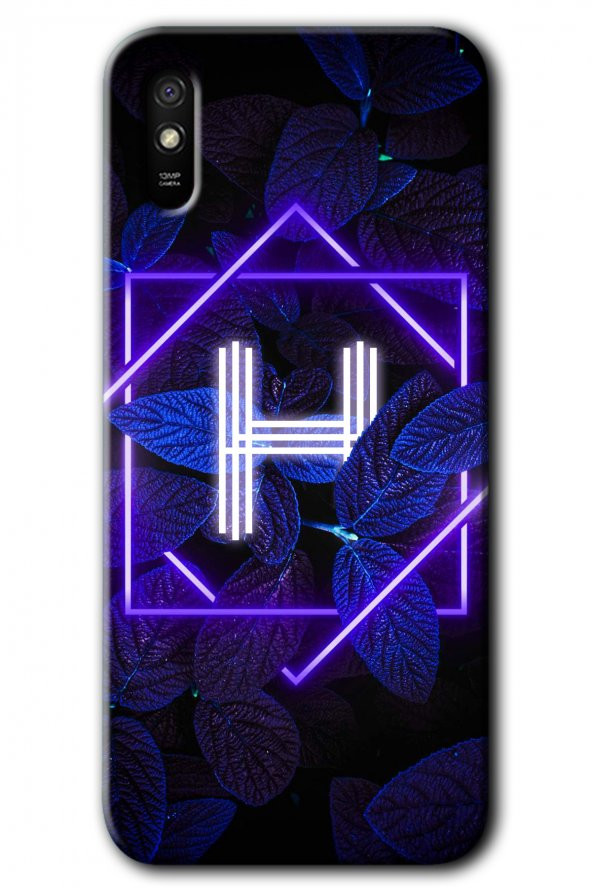 Redmi 9A Kılıf HD Desen Baskılı Arka Kapak - Dark Neon Yaprak H Harfi