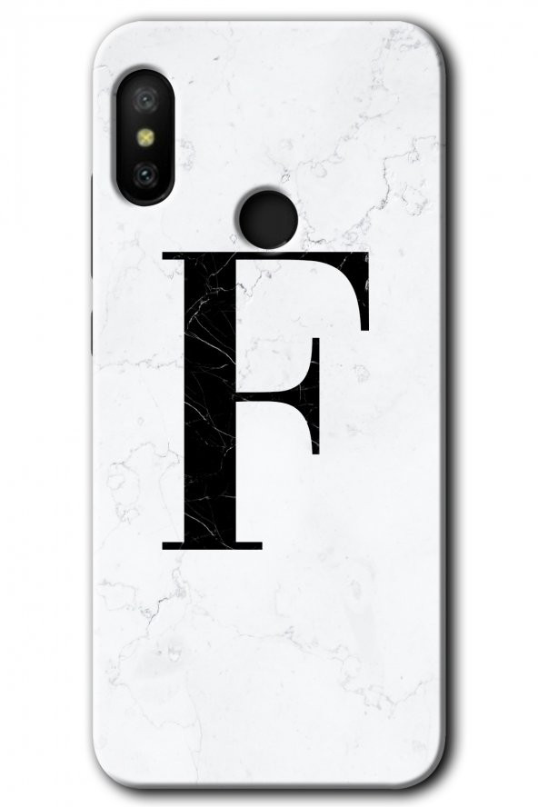 Redmi Note 6 Pro Kılıf HD Desen Baskılı Arka Kapak - Beyaz Mermer Desenli F Harfi - 1