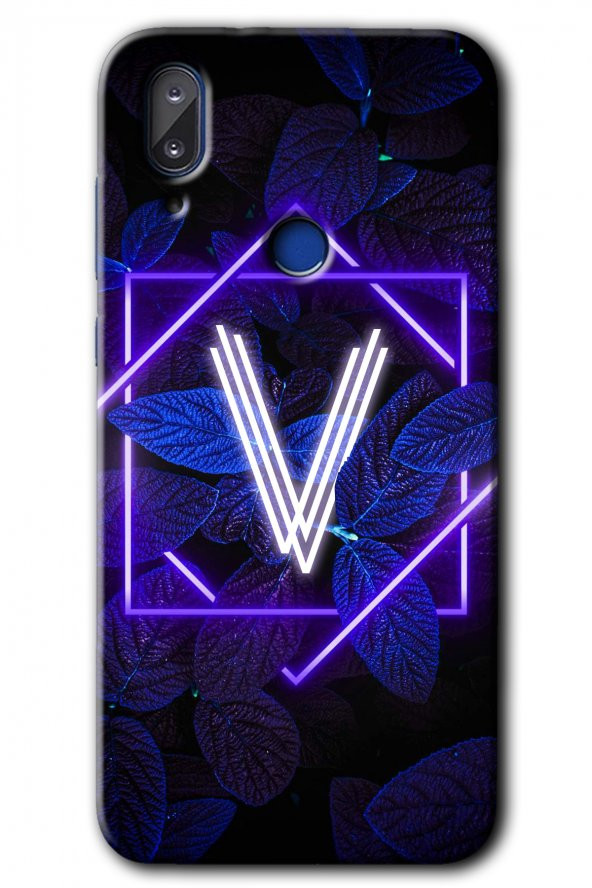 Vestel E5 Kılıf HD Desen Baskılı Arka Kapak - Dark Neon Yaprak V Harfi