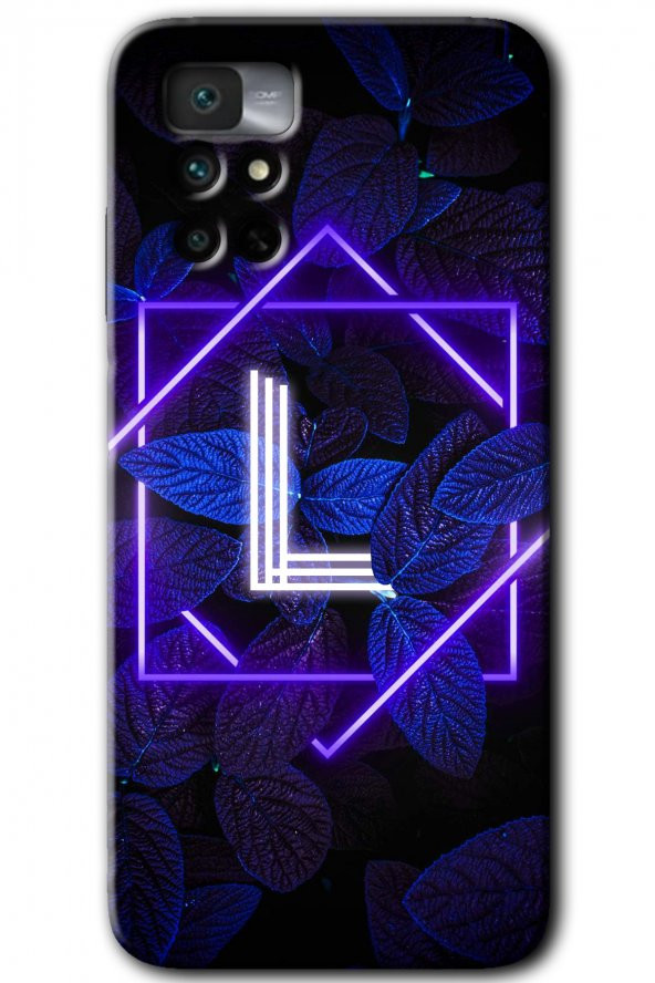 Redmi Note 11 4G Kılıf HD Desen Baskılı Arka Kapak - Dark Neon Yaprak L Harfi