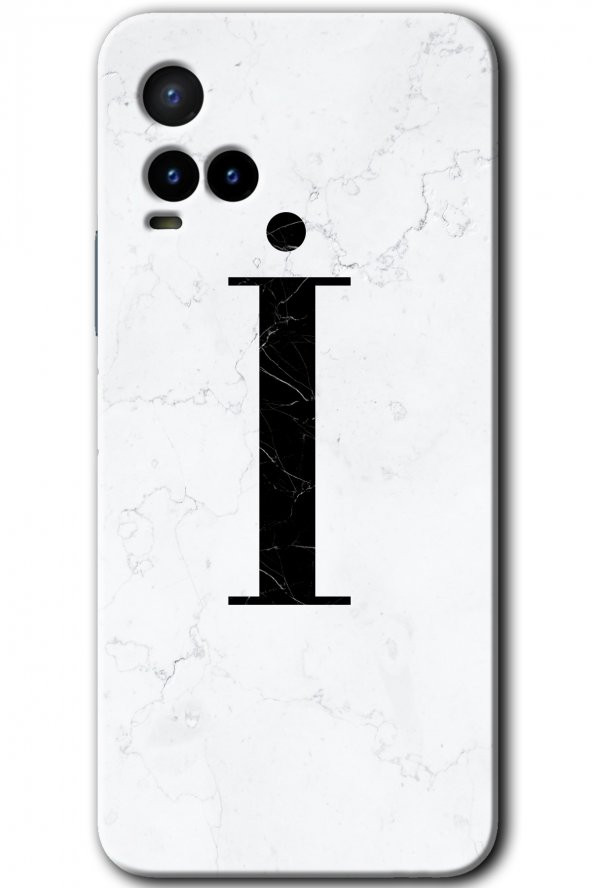 Vivo Y21s Kılıf HD Desen Baskılı Arka Kapak - Beyaz Mermer Desenli İ Harfi
