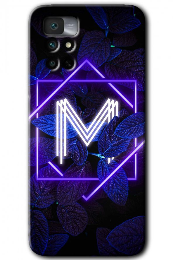 Redmi Note 11 4G Kılıf HD Desen Baskılı Arka Kapak - Dark Neon Yaprak M Harfi