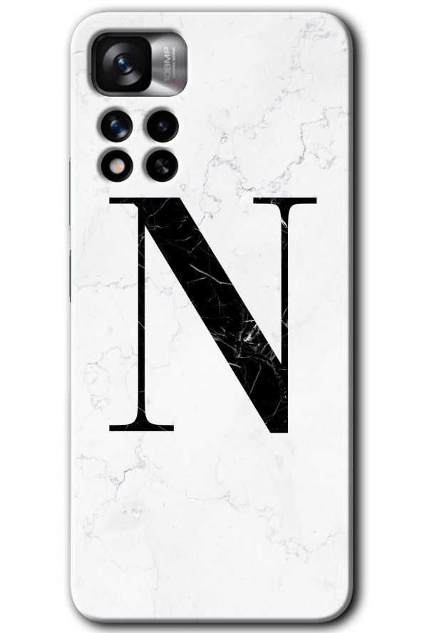 Redmi Note 11 Pro Plus 5G Kılıf HD Desen Baskılı Arka Kapak - Beyaz Mermer Desenli N Harfi