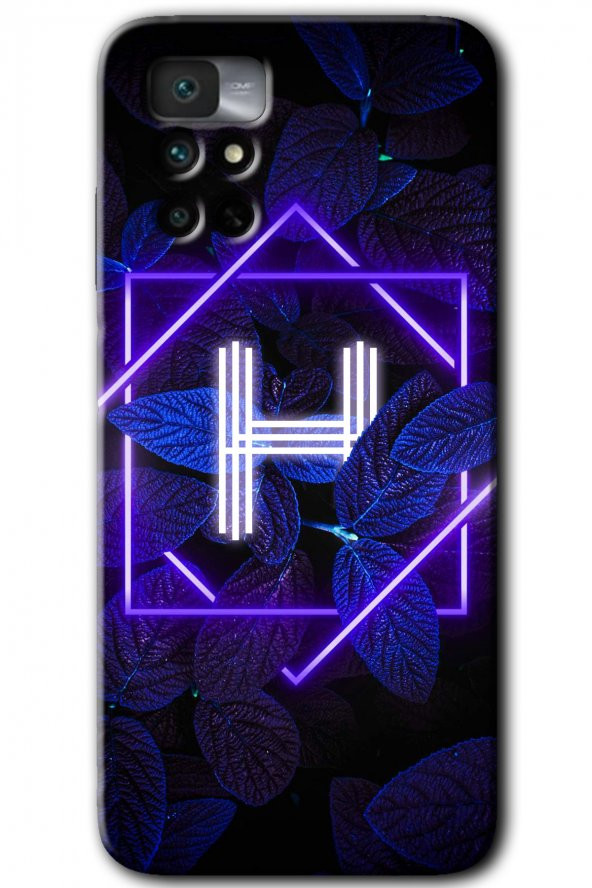 Redmi Note 11 4G Kılıf HD Desen Baskılı Arka Kapak - Dark Neon Yaprak H Harfi