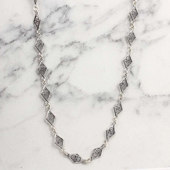 925 Ayar Gümüş 60 cm Baklava Telkâri Zincir Kolye - Resim 5