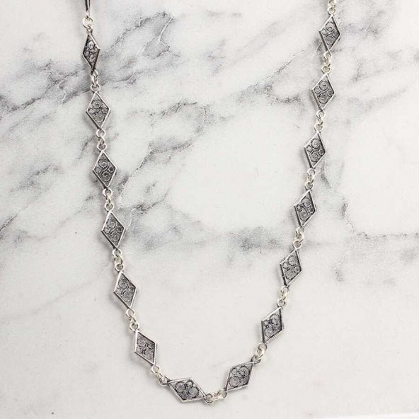 925 Ayar Gümüş 60 cm Baklava Telkâri Zincir Kolye - 3