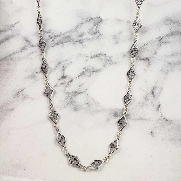 925 Ayar Gümüş 60 cm Baklava Telkâri Zincir Kolye - Resim 3