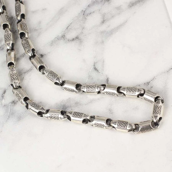 925 Ayar Gümüş 66 cm Döküm İşlemeli Zincir Kolye - Resim 3