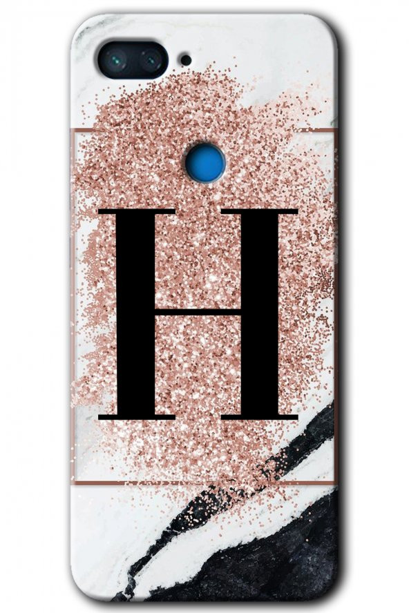 Xiaomi Mi 8 Lite Kılıf HD Desen Baskılı Arka Kapak - Pembe Mermer Desenli H Harfi