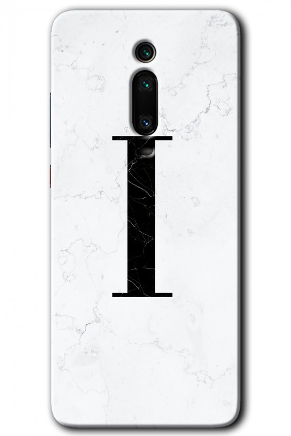 Xiaomi Mi 9T Kılıf HD Desen Baskılı Arka Kapak - Beyaz Mermer Desenli I Harfi