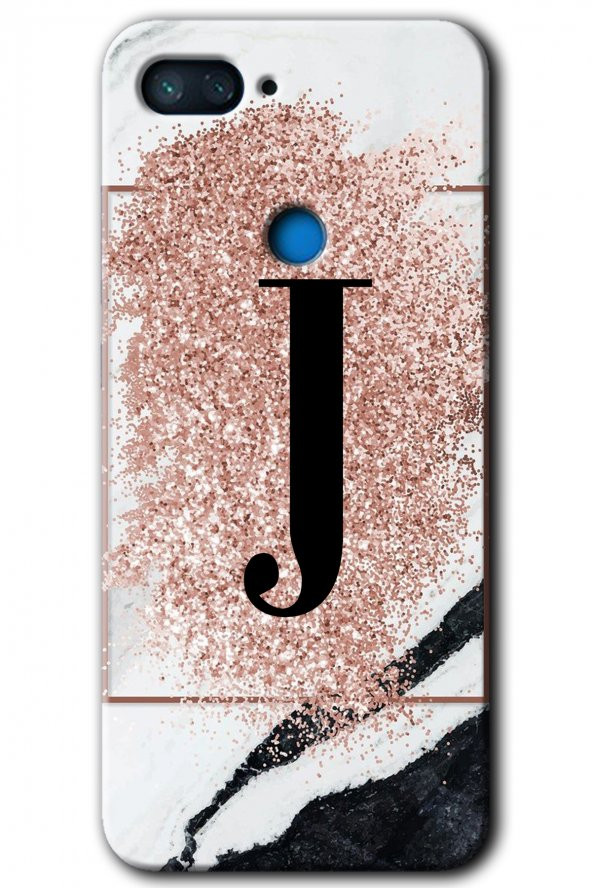Xiaomi Mi 8 Lite Kılıf HD Desen Baskılı Arka Kapak - Pembe Mermer Desenli J Harfi