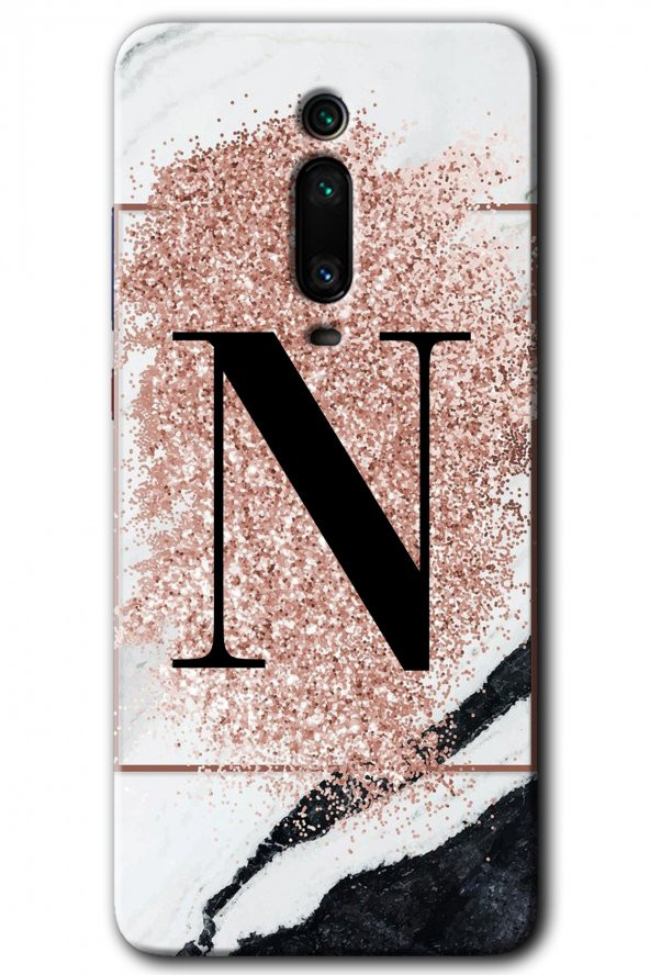Xiaomi Mi 9T Kılıf HD Desen Baskılı Arka Kapak - Pembe Mermer Desenli N Harfi