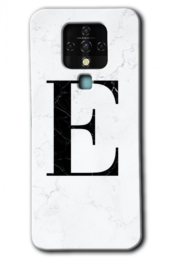 Tecno Camon 16 Kılıf HD Desen Baskılı Arka Kapak - Beyaz Mermer Desenli E Harfi