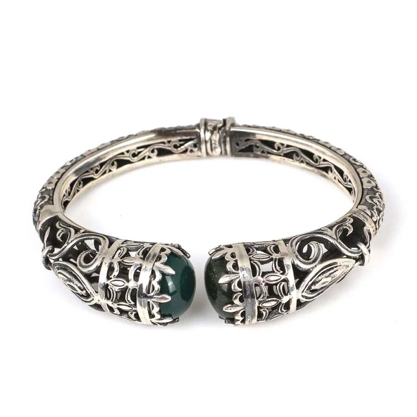 925 Ayar Gümüş Yeşil Akik Taşlı Konstantin Bilezik - Resim 4