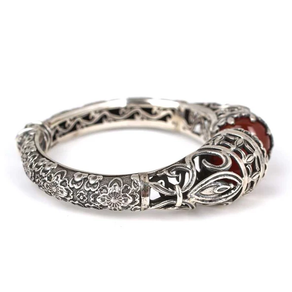 925 Ayar Gümüş Kırmızı Akik Taşlı Konstantin Bilezik - Resim 2