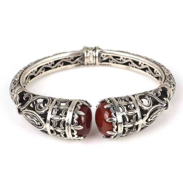 925 Ayar Gümüş Kırmızı Akik Taşlı Konstantin Bilezik - Resim 4