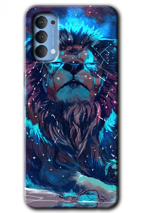 Oppo Reno 4 Kılıf HD Desen Baskılı Arka Kapak - Neon Aslan - 1