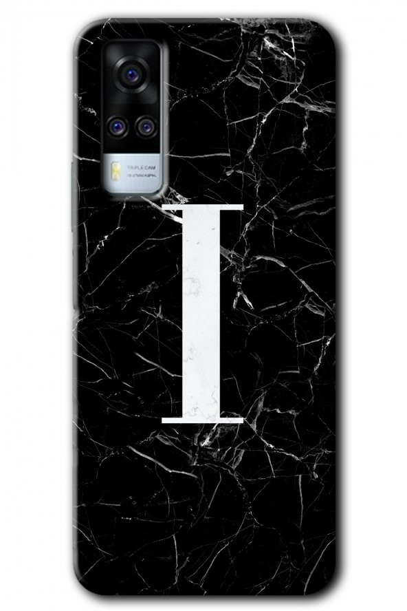 Vivo Y31 2021 Kılıf HD Desen Baskılı Arka Kapak - Siyah Mermer Desenli I Harfi