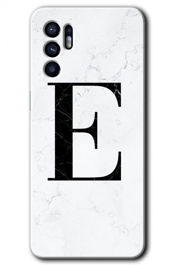 Oppo Reno 6 Kılıf HD Desen Baskılı Arka Kapak - Beyaz Mermer Desenli E Harfi - 1