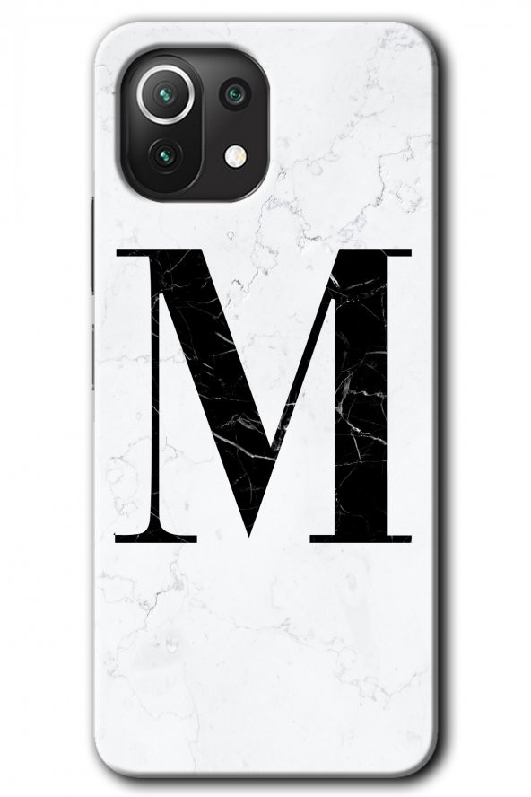 Xiaomi Mi 11 Kılıf HD Desen Baskılı Arka Kapak - Beyaz Mermer Desenli M Harfi