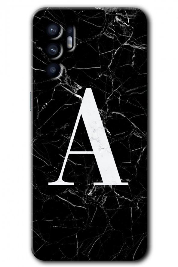 Oppo Reno 6 Kılıf HD Desen Baskılı Arka Kapak - Siyah Mermer Desenli A Harfi