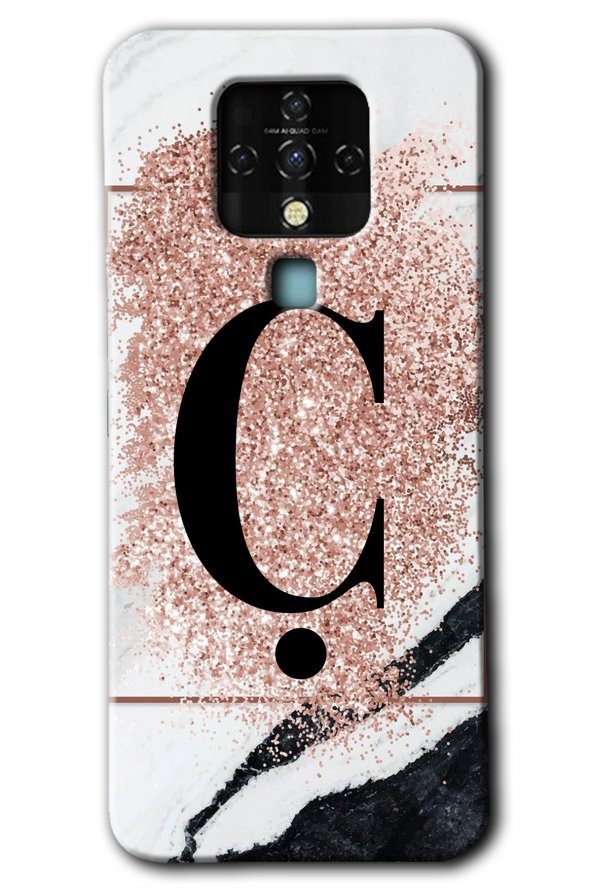 Tecno Camon 16 Kılıf HD Desen Baskılı Arka Kapak - Pembe Mermer Desenli Ç Harfi