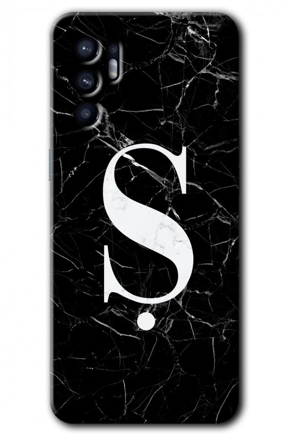 Oppo Reno 6 Kılıf HD Desen Baskılı Arka Kapak - Siyah Mermer Desenli Ş Harfi