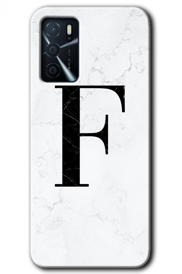 Oppo A16 Kılıf HD Desen Baskılı Arka Kapak - Beyaz Mermer Desenli F Harfi